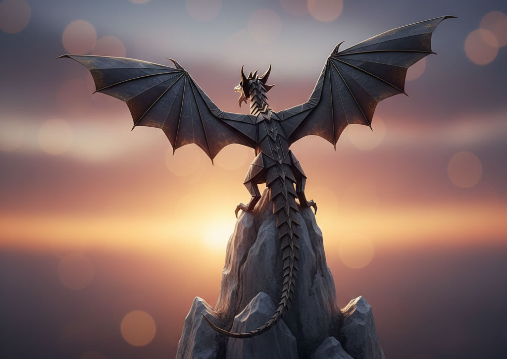 Image of a black origami Spear-tailed Dragon sitting on a rock, with its wings spread out and its back facing the camera